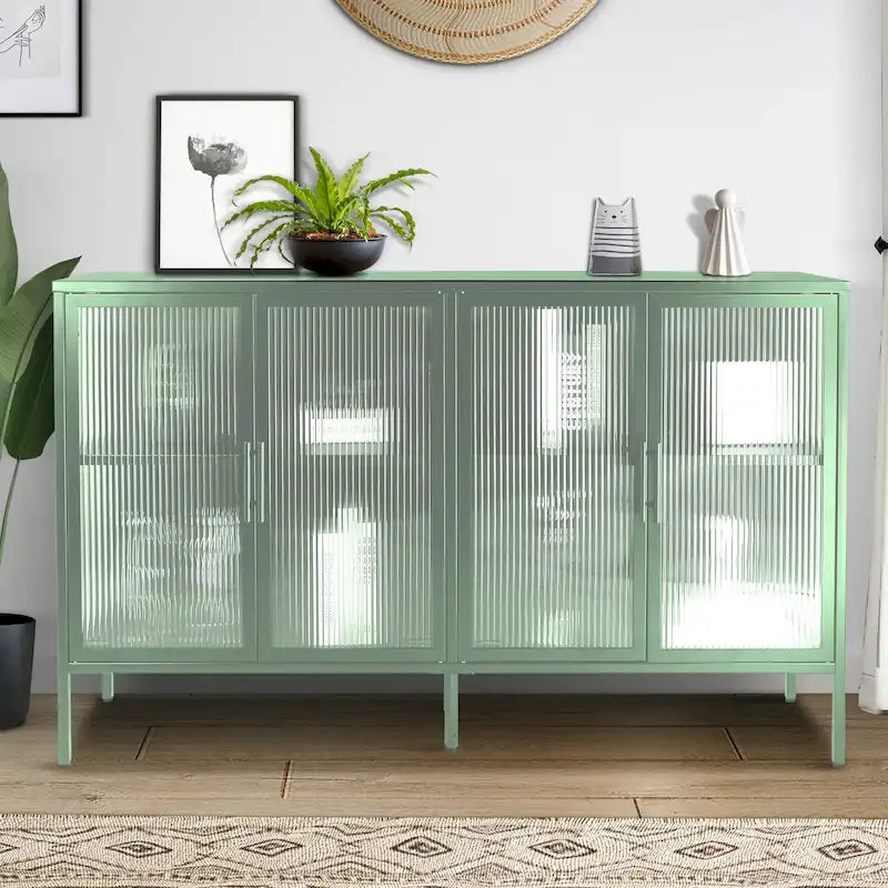 4-Door Tempered Glass Cabinet with 4 Glass Doors Adjustable Shelf and Feet Anti-Tip Dust-free Fluted Glass Kitchen Credenza