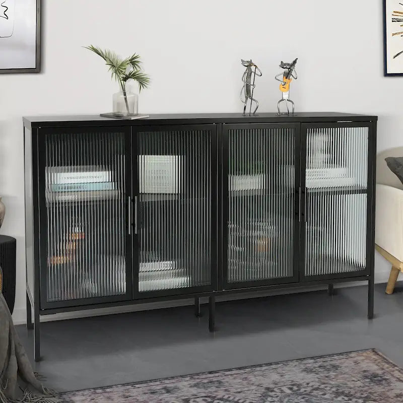 4-Door Tempered Glass Cabinet with 4 Glass Doors Adjustable Shelf and Feet Anti-Tip Dust-free Fluted Glass Kitchen Credenza