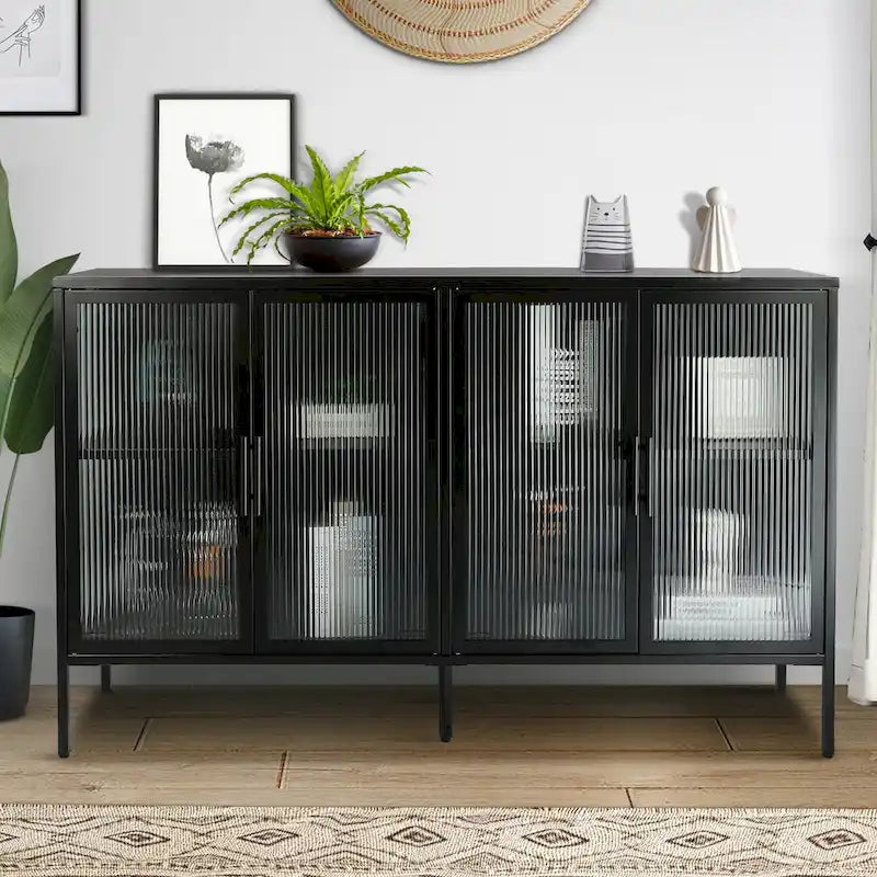 4-Door Tempered Glass Cabinet with 4 Glass Doors Adjustable Shelf and Feet Anti-Tip Dust-free Fluted Glass Kitchen Credenza