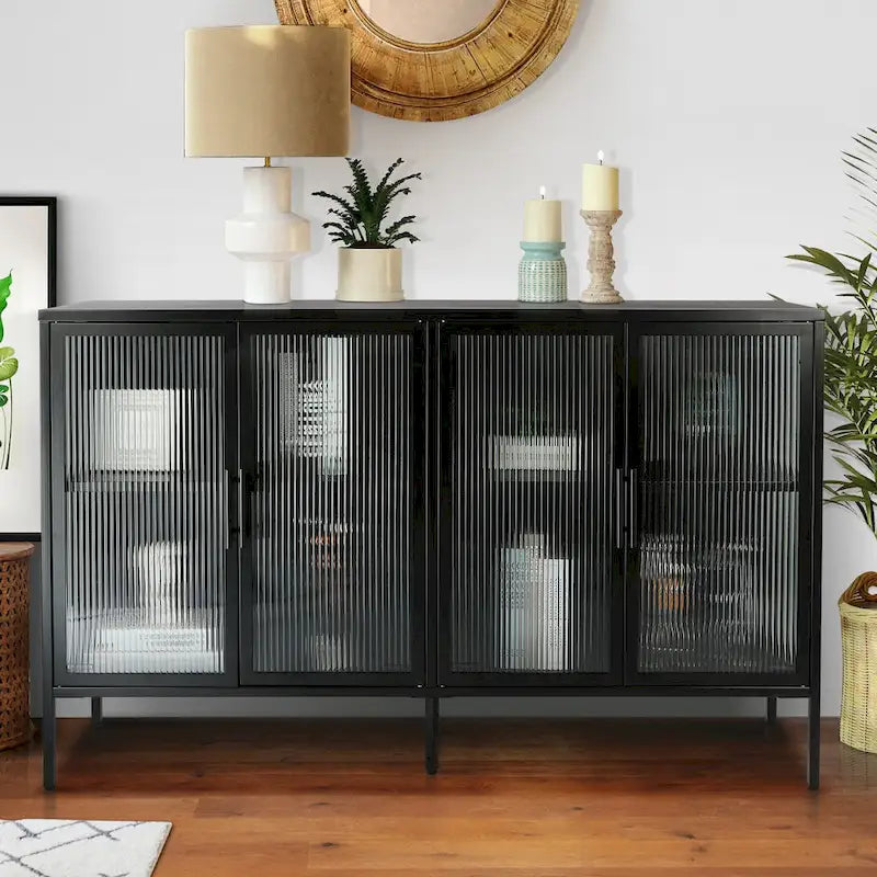 4-Door Tempered Glass Cabinet with 4 Glass Doors Adjustable Shelf and Feet Anti-Tip Dust-free Fluted Glass Kitchen Credenza