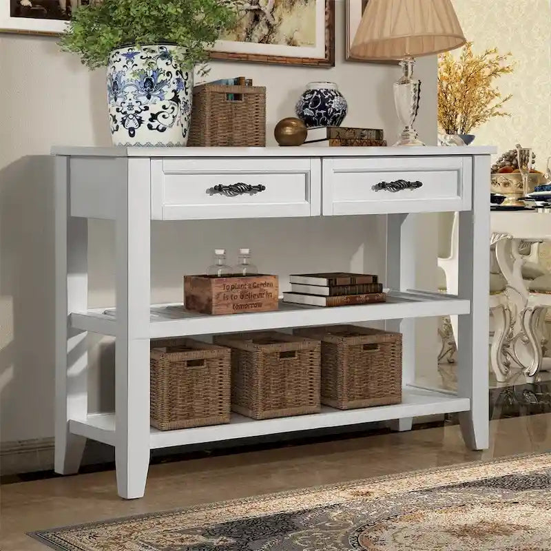 42 Wood Sofa Table with 2 Storage Drawers and 2 Tiers Shelves