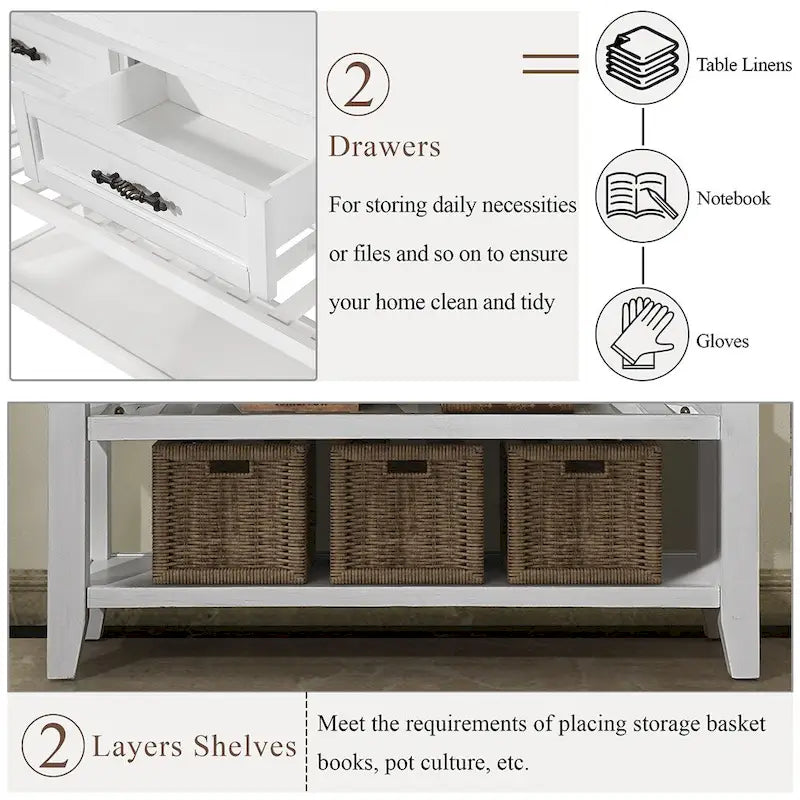 42 Wood Sofa Table with 2 Storage Drawers and 2 Tiers Shelves