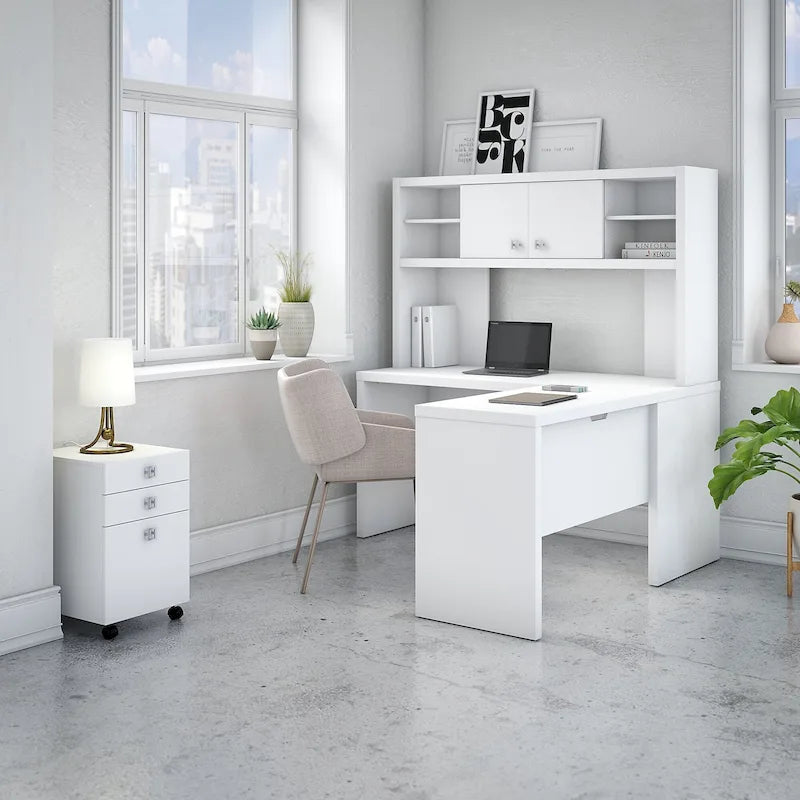 L Shaped Desk with Hutch and Drawers