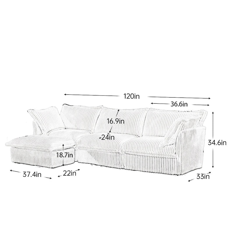 120 Corduroy L-Shaped 3-Seater Sectional with Convertible Ottoman, Removable Slipcover and Cloud-Like Cushions