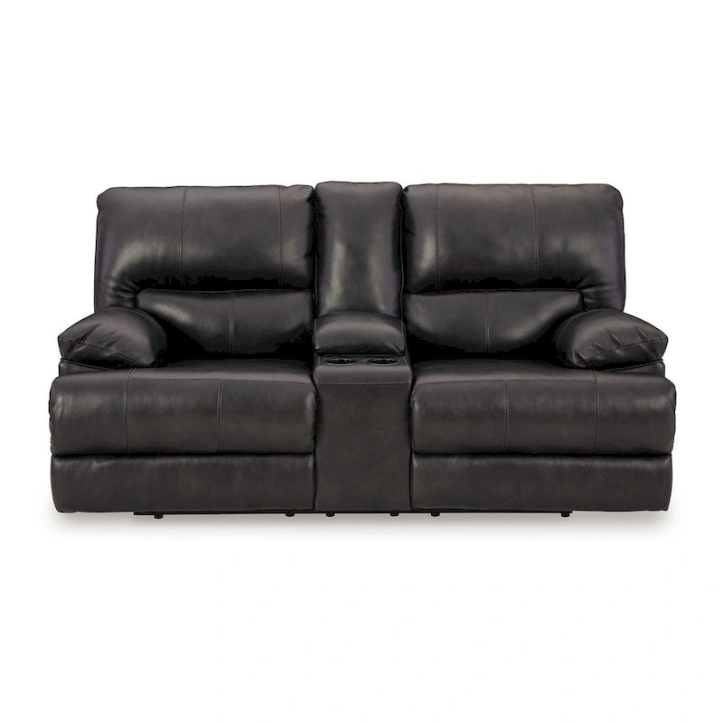 Power Recliner Loveseat, Black Leather, Cupholders, 82 Inch