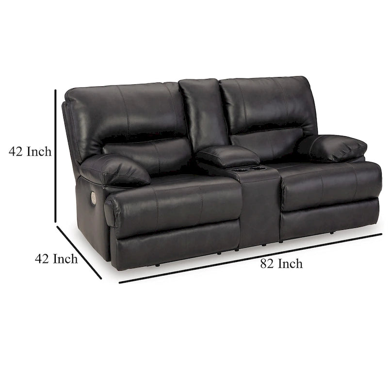 Power Recliner Loveseat, Black Leather, Cupholders, 82 Inch