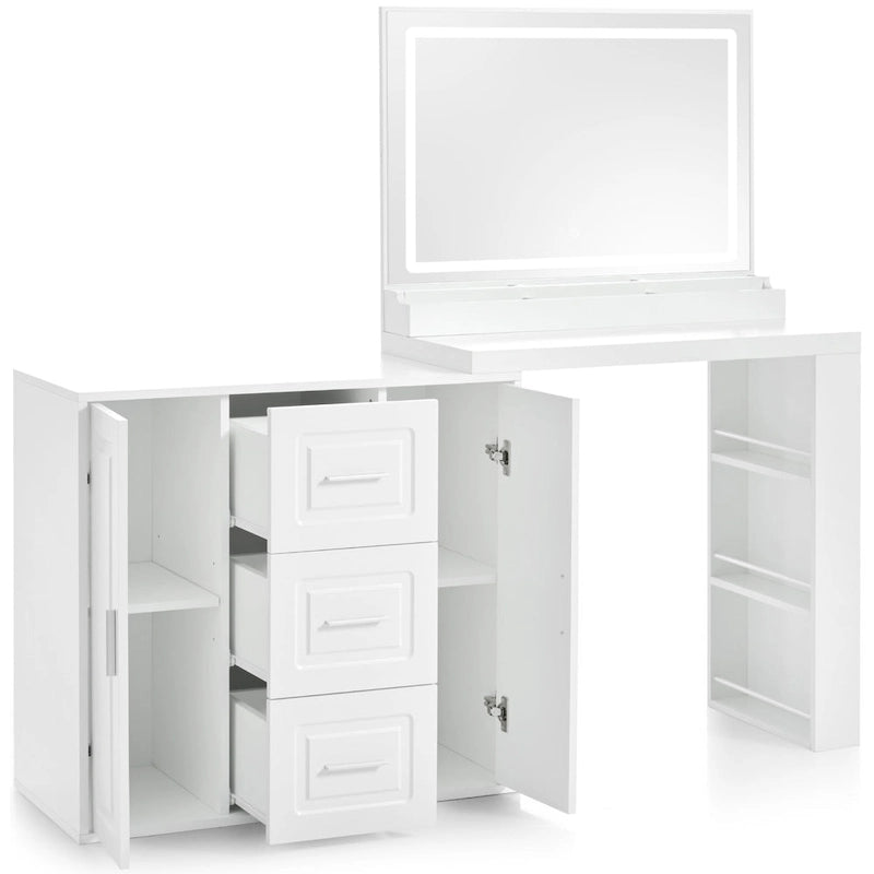 Vanity Desk with Mirror and Lights, Dressing Table with 3 Drawers and 2 Cabinets, Makeup Table with Storage Shelves