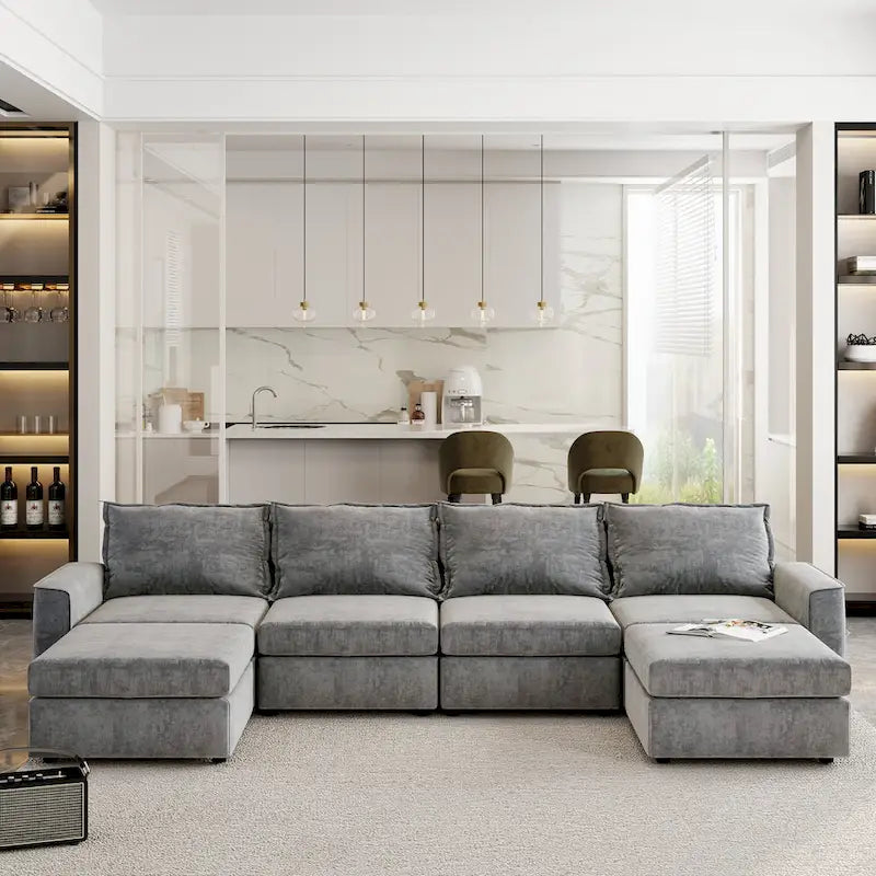 Grey 115 Convertible U-Shaped 6-Seat Modular Sectional Sofa with Ottoman, Customizable Fabric, and Tilting Armrests