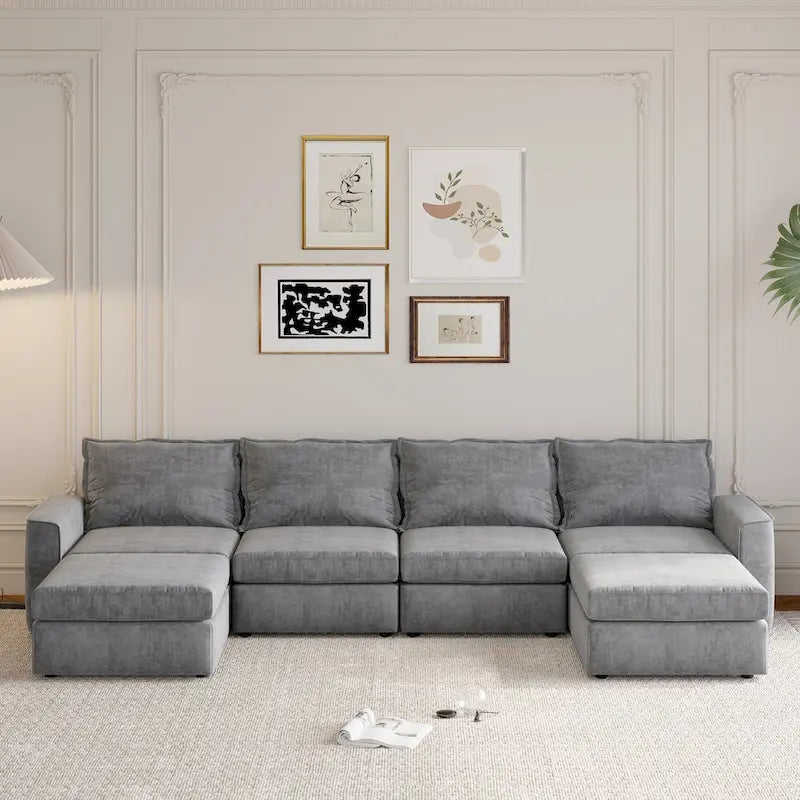 Grey 115 Convertible U-Shaped 6-Seat Modular Sectional Sofa with Ottoman, Customizable Fabric, and Tilting Armrests