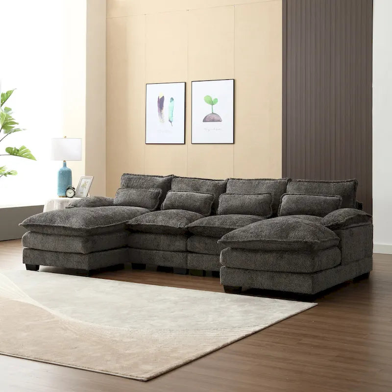 110.63 Modern U-Shaped Chenille 4 Seater Sectional Sofa with Double Cushions, 2 Chaise and High-Density Foam