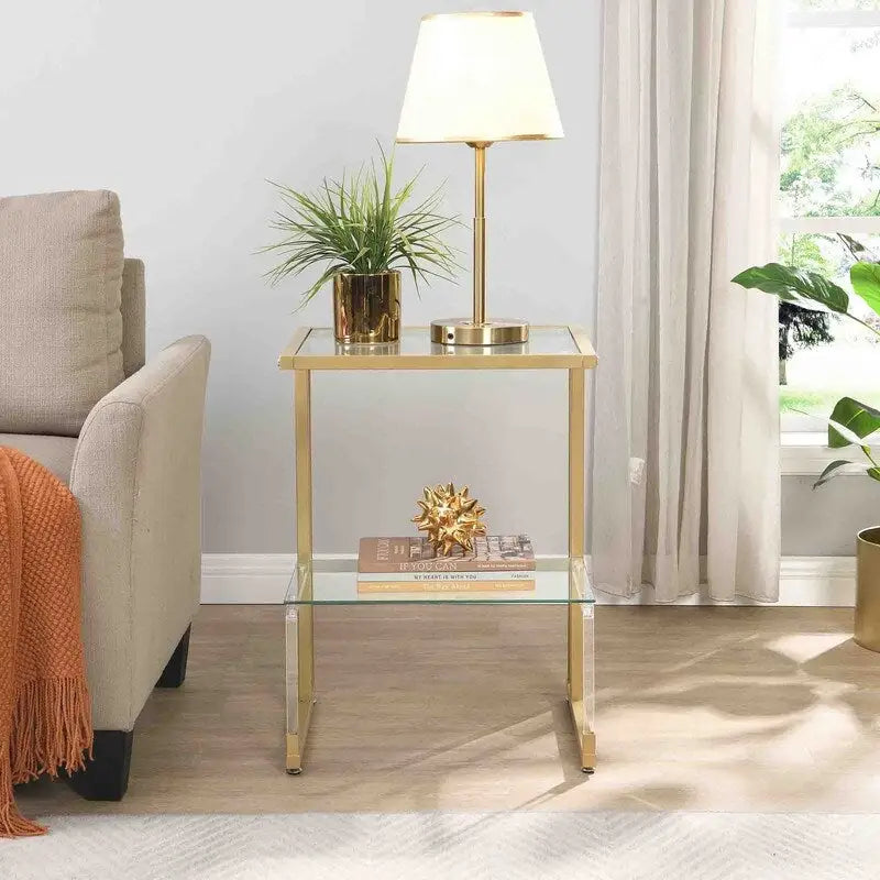 Contemporary Style 2-Tier End Table Sofa Side Table with Tempered Glass Shelves and Metal Frame