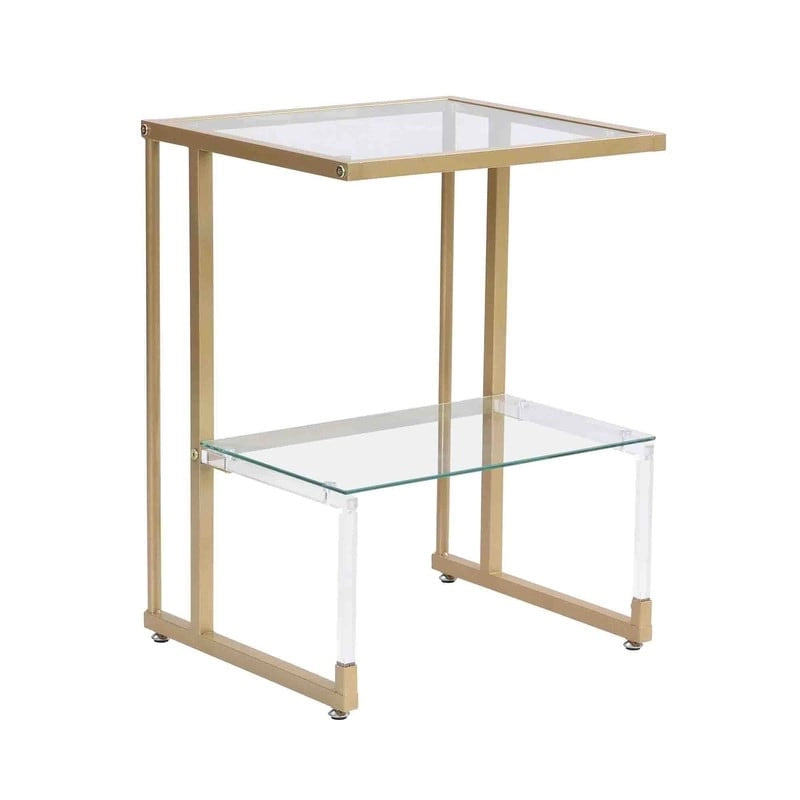 Contemporary Style 2-Tier End Table Sofa Side Table with Tempered Glass Shelves and Metal Frame