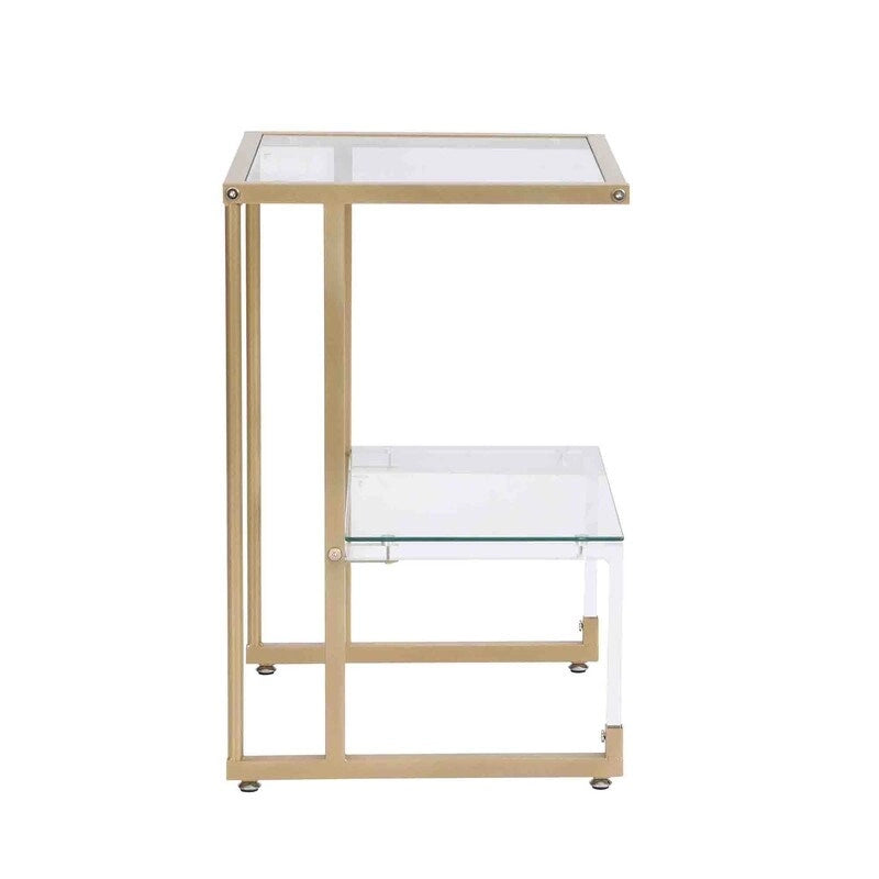 Contemporary Style 2-Tier End Table Sofa Side Table with Tempered Glass Shelves and Metal Frame