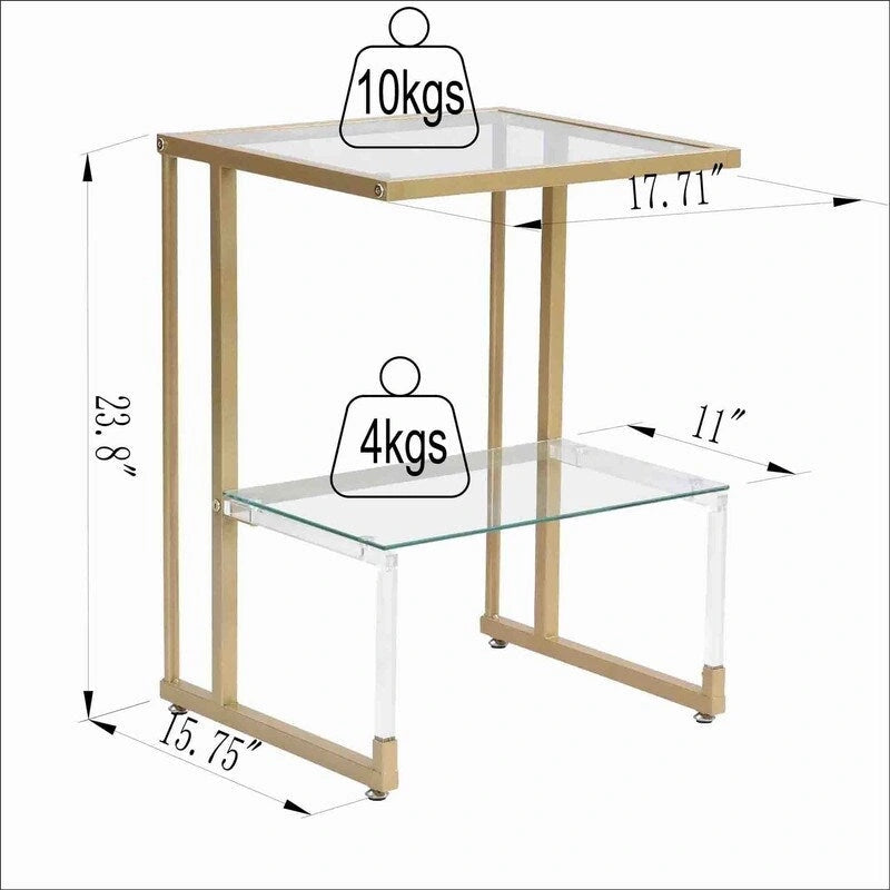 Contemporary Style 2-Tier End Table Sofa Side Table with Tempered Glass Shelves and Metal Frame