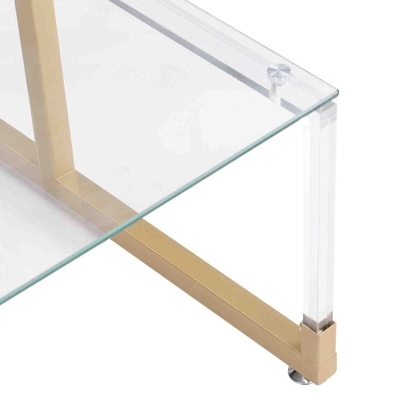 Contemporary Style 2-Tier End Table Sofa Side Table with Tempered Glass Shelves and Metal Frame