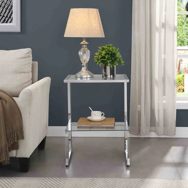 Contemporary Style 2-Tier End Table Sofa Side Table with Tempered Glass Shelves and Metal Frame