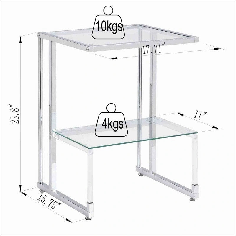 Contemporary Style 2-Tier End Table Sofa Side Table with Tempered Glass Shelves and Metal Frame