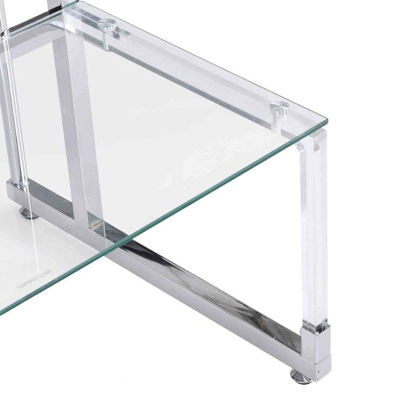 Contemporary Style 2-Tier End Table Sofa Side Table with Tempered Glass Shelves and Metal Frame
