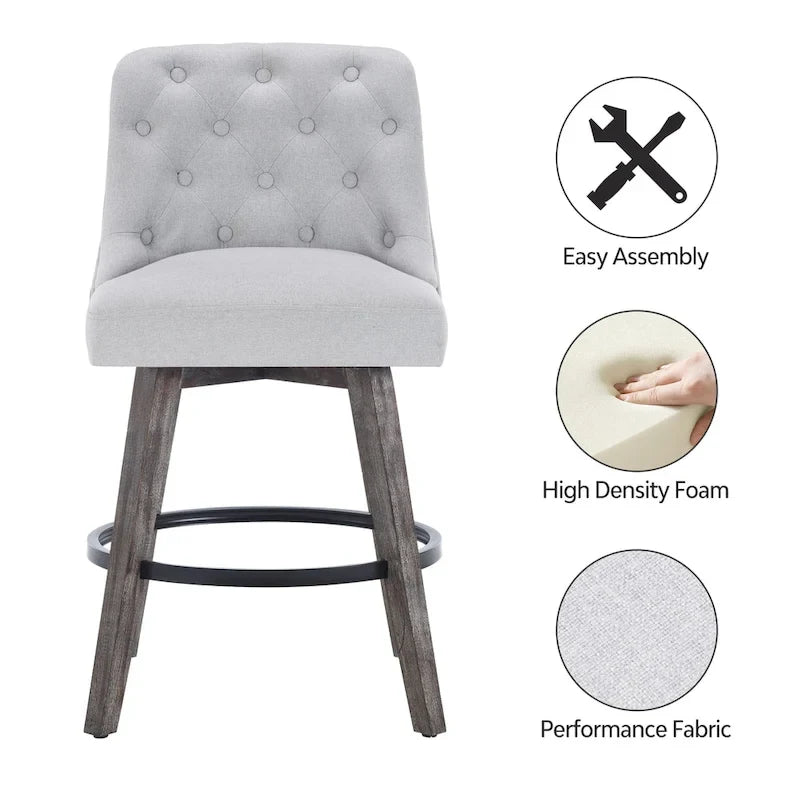 Tufted Swivel Bar Stool with Wood Grain Chair Legs Set of 4