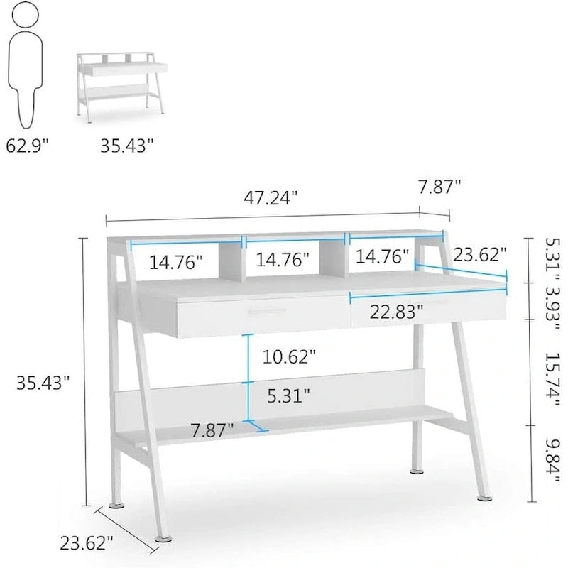 Computer Writing Desk with 2 Drawers and Storage Shelf, Monitor Stand