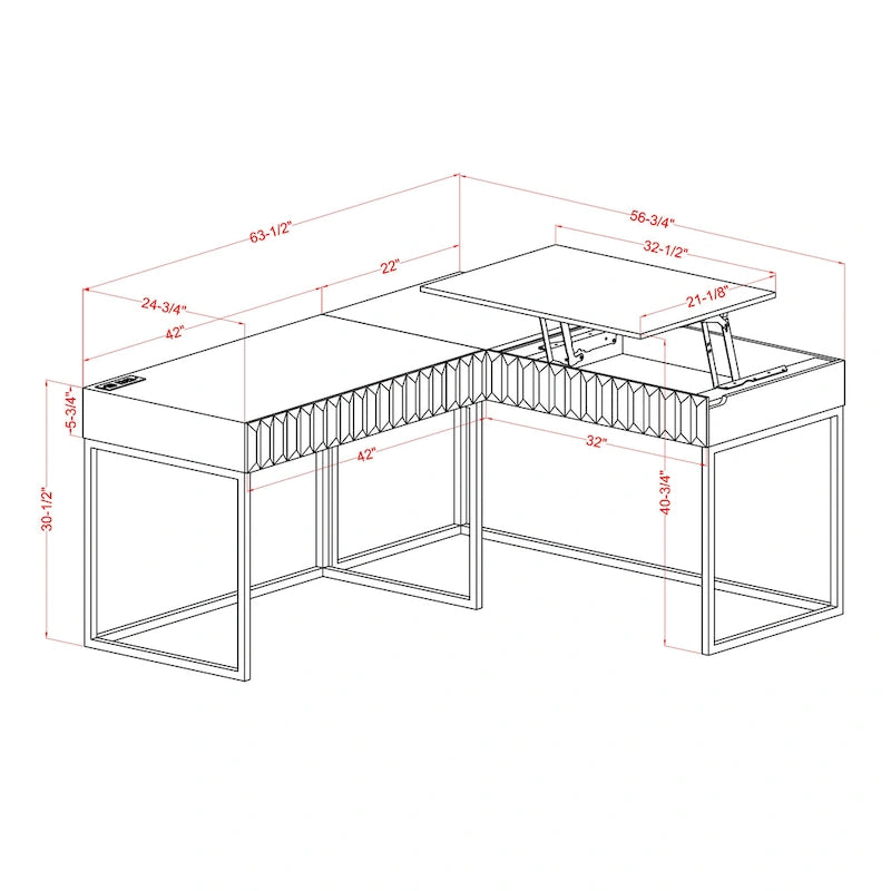 Metal Lift-top L-Shaped Computer Desk with USBs