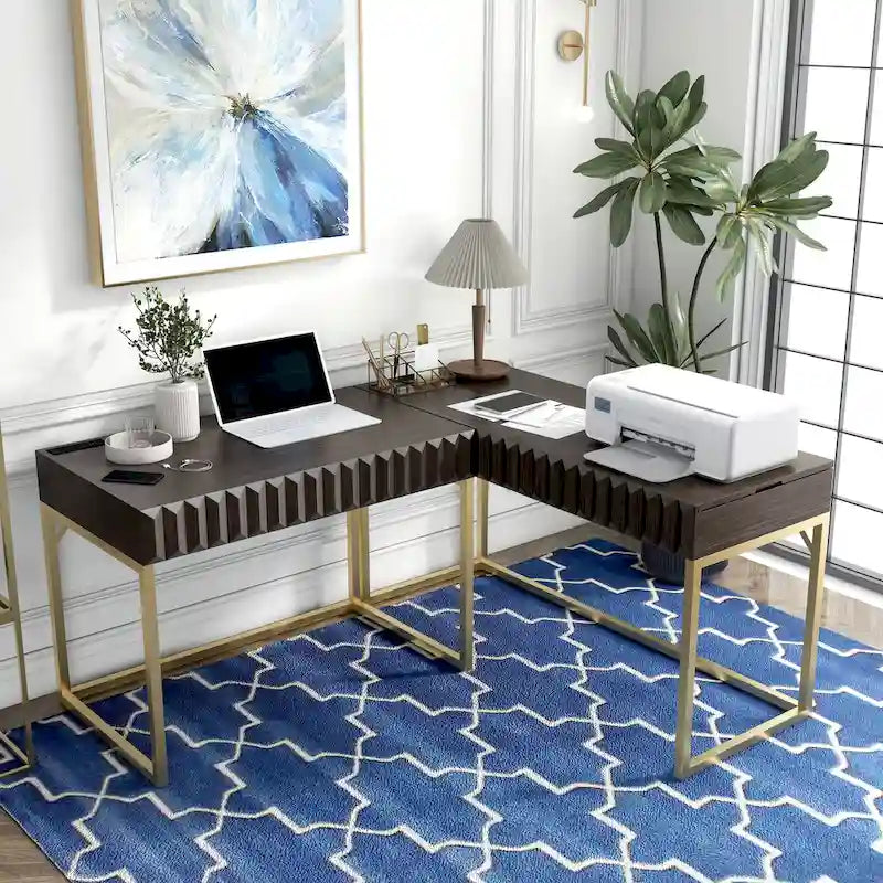 Metal Lift-top L-Shaped Computer Desk with USBs