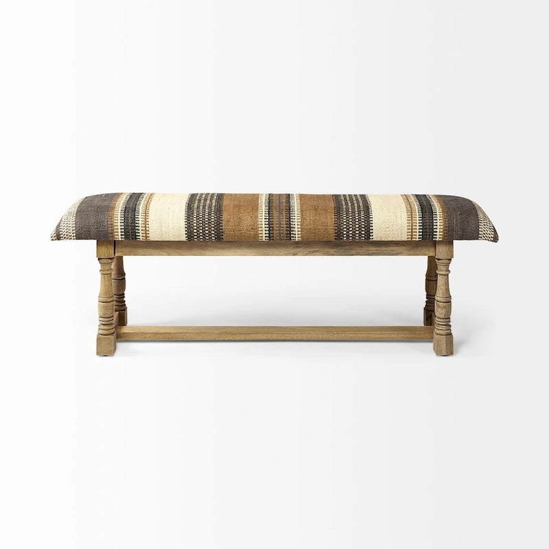 I Brown & Beige Patterned Jute w/ Wood Frame Accent Bench - 59W x 14.3D x 19H