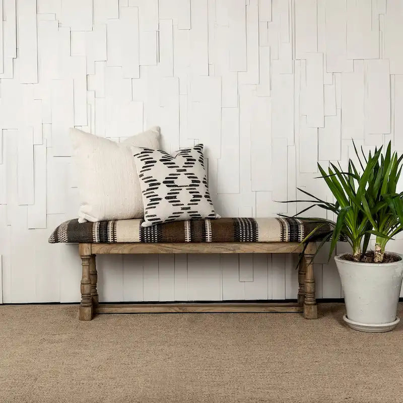I Brown & Beige Patterned Jute w/ Wood Frame Accent Bench - 59W x 14.3D x 19H