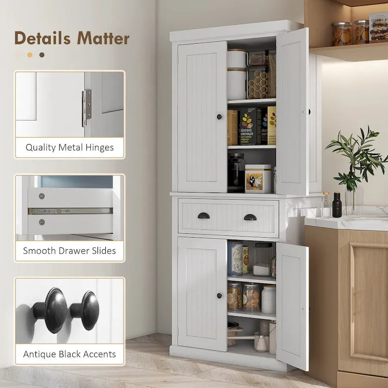 72 Kitchen Pantry, Tall Storage Cabinet, Freestanding Cupboard with Drawer, Doors and Adjustable Shelves