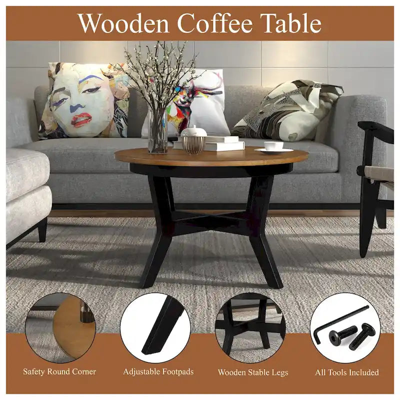Mid Century Circle Wooden Coffee Table for Living Room Farmhouse