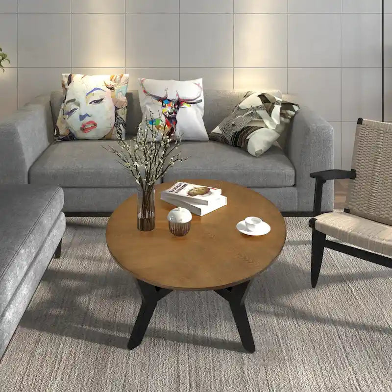 Mid Century Circle Wooden Coffee Table for Living Room Farmhouse