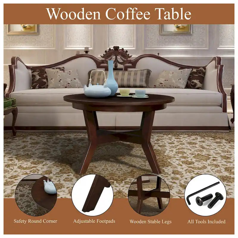 Mid Century Circle Wooden Coffee Table for Living Room Farmhouse