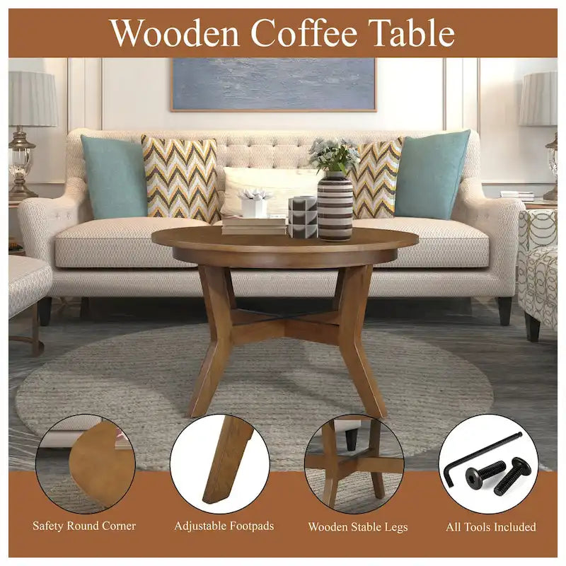Mid Century Circle Wooden Coffee Table for Living Room Farmhouse