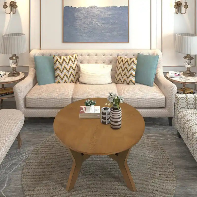 Mid Century Circle Wooden Coffee Table for Living Room Farmhouse