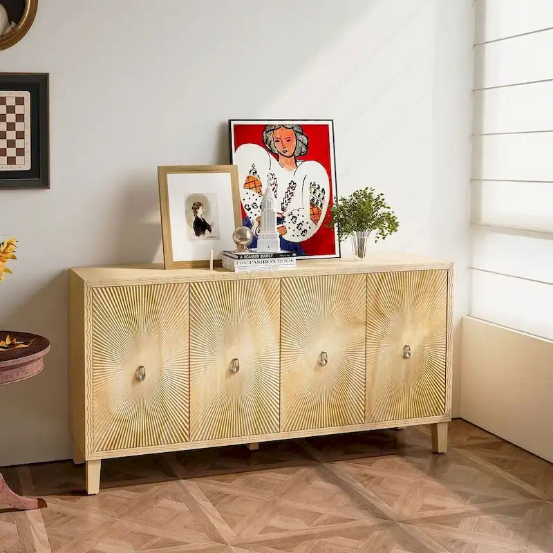 60 Vintage 4 Door Carved Pattern Buffet/Sideboard