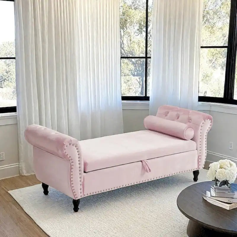 Traditional Velvet Multifuntional Storage Ottoman Bench with Pillow
