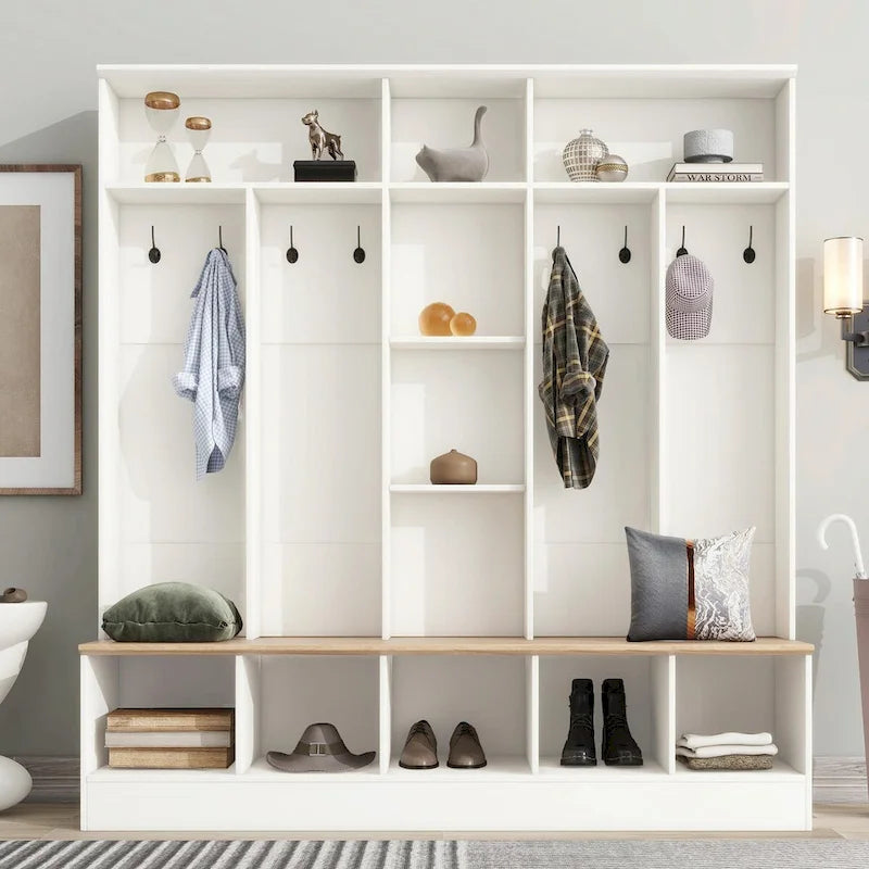 Wide Hall Tree with Storage Bench - Minimalist Shoe Cabinet, Cube Storage, 8 Hooks
