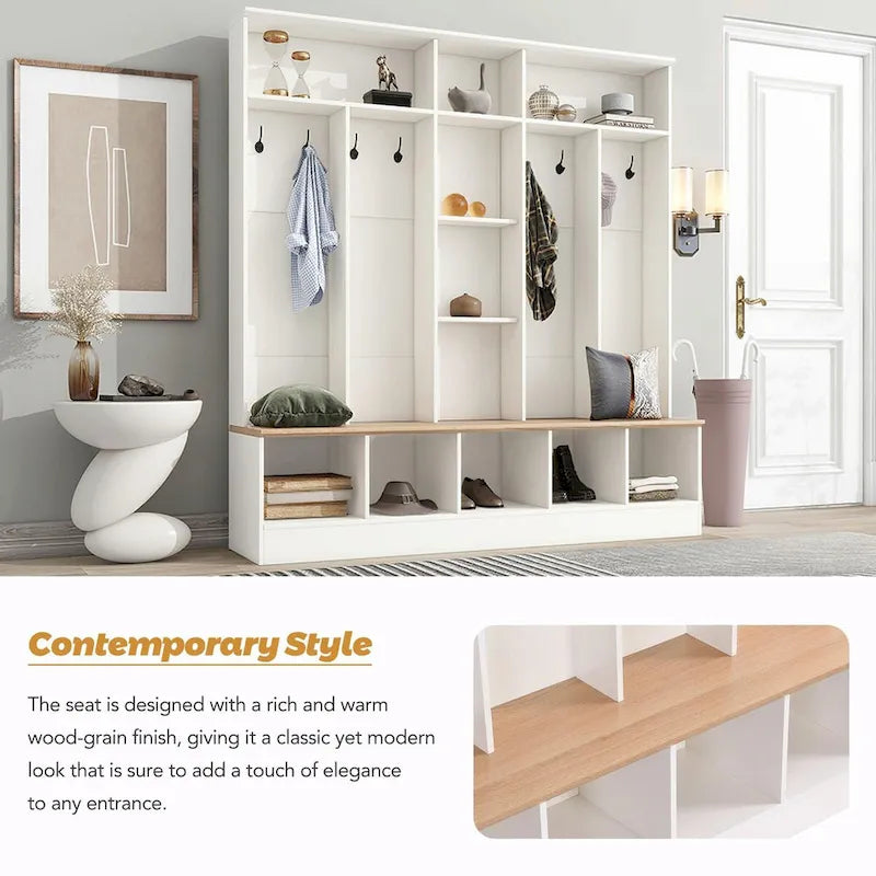 Wide Hall Tree with Storage Bench - Minimalist Shoe Cabinet, Cube Storage, 8 Hooks