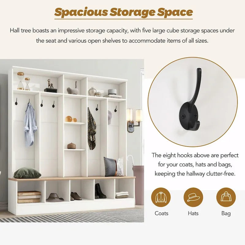 Wide Hall Tree with Storage Bench - Minimalist Shoe Cabinet, Cube Storage, 8 Hooks