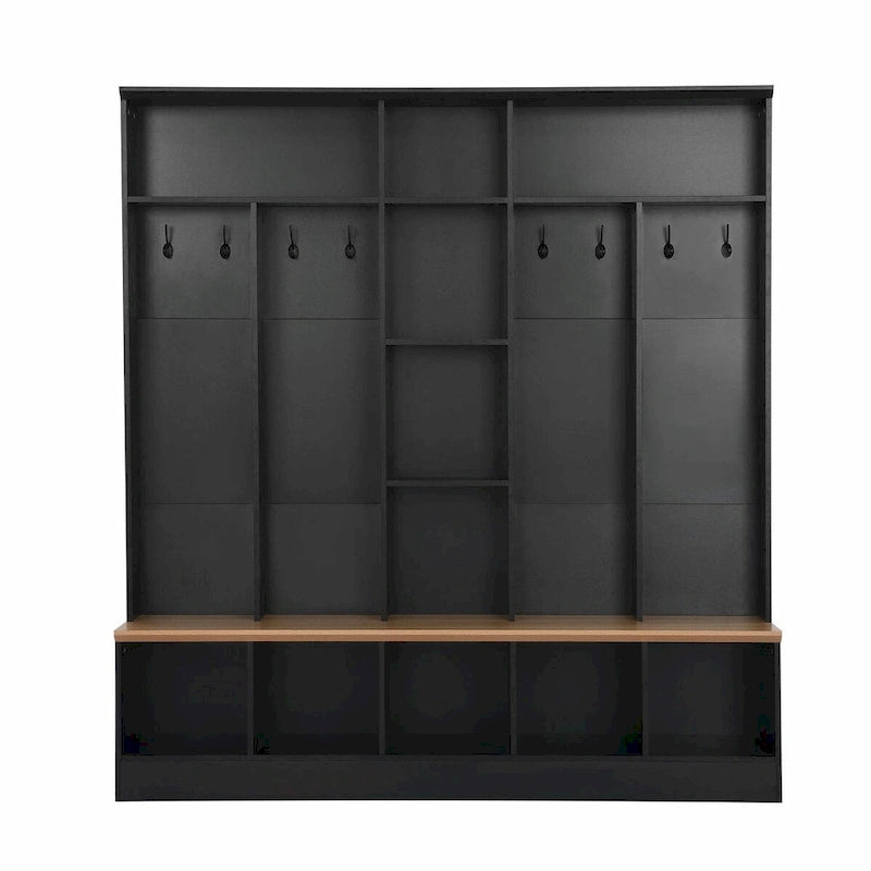 Wide Hall Tree with Storage Bench - Minimalist Shoe Cabinet, Cube Storage, 8 Hooks